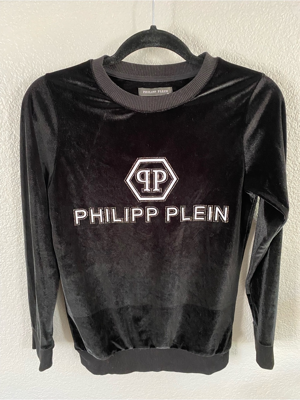Philipp Plein Black Velvet Crewneck Sweater with Crystal Logo